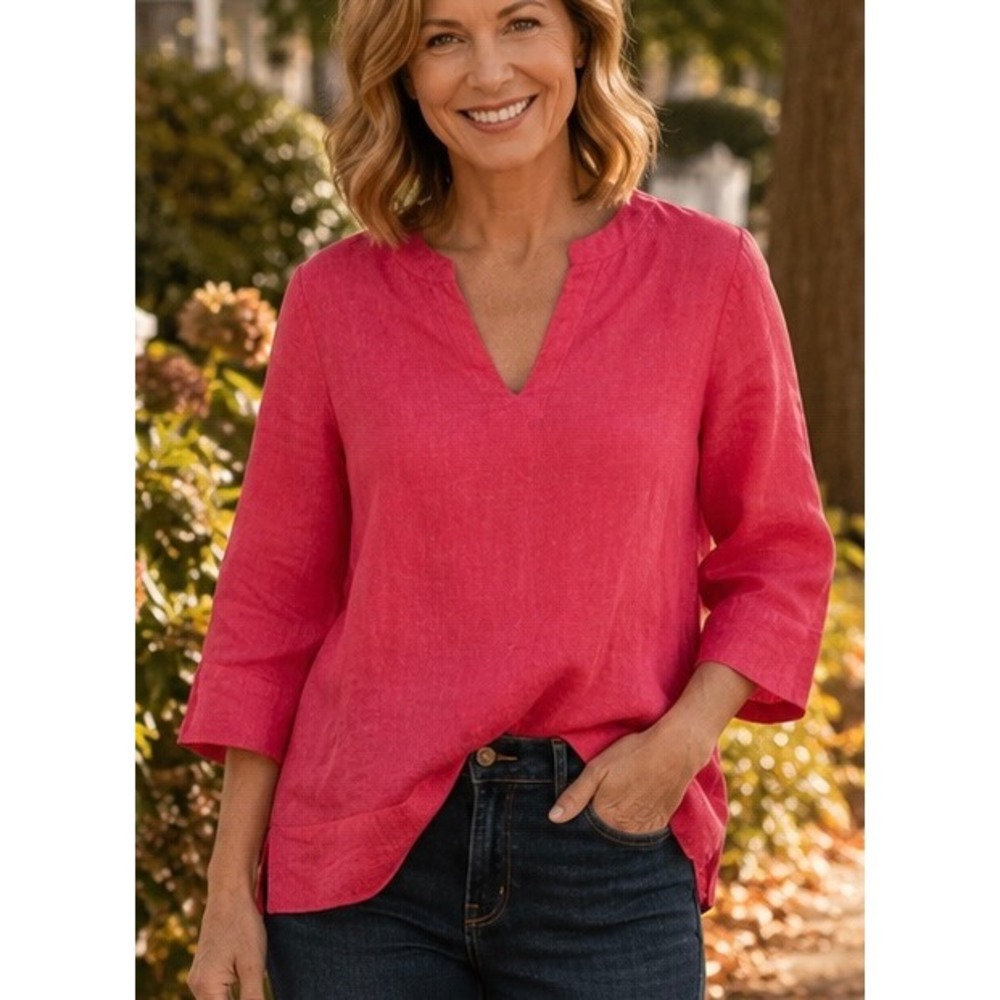 Lands' End Womens Tunic Top Pink Small Linen Blend 3/4 Sleeve Summer